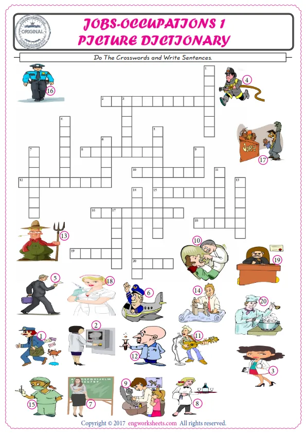 ESL printable worksheet for kids, supply the missing words of the crossword by using the Jobs-Occupations picture.