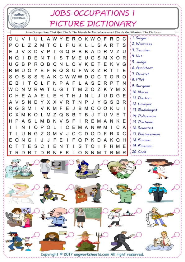 ESL wordsearch worksheets for kids, find Jobs-Occupations words in the word wordsearch write its number on its picture English worksheet.