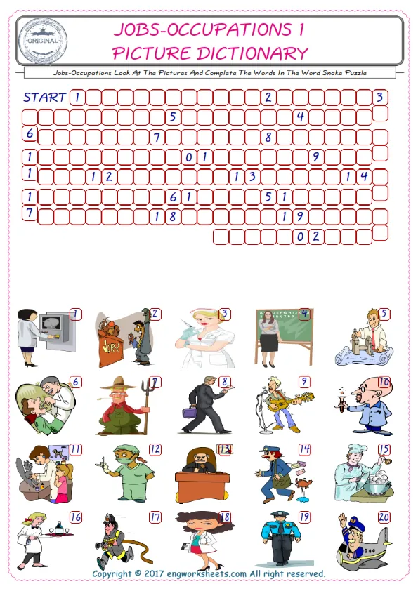 Check the Illustrations of Jobs-Occupations english worksheets for kids, and Supply the Missing Words in the Word Snake Puzzle ESL play.