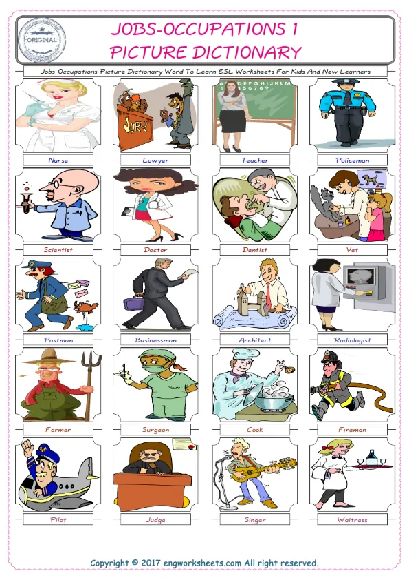 Jobs-Occupations English Worksheet for Kids ESL Printable Picture Dictionary