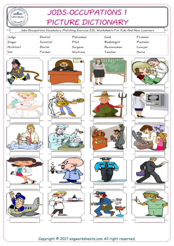 Jobs-Occupations for Kids ESL Word Matching English Exercise Worksheet.
