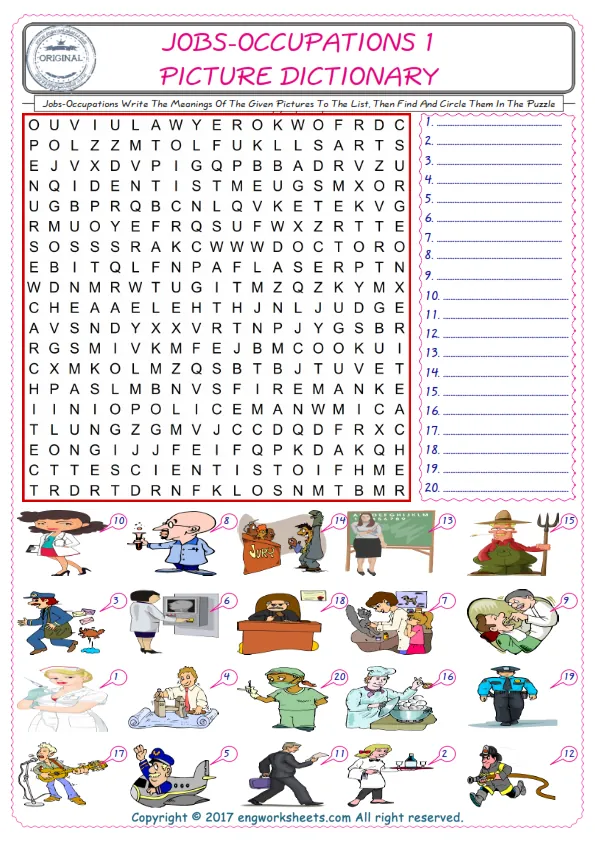 For kids, check the picture of Jobs-Occupations find, and write the word and find it in the word puzzle ESL printable worksheet.