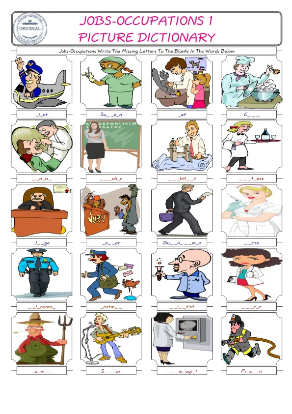Jobs-Occupations Words English worksheets For kids, the ESL Worksheet for finding and typing the missing letters of Jobs-Occupations Words