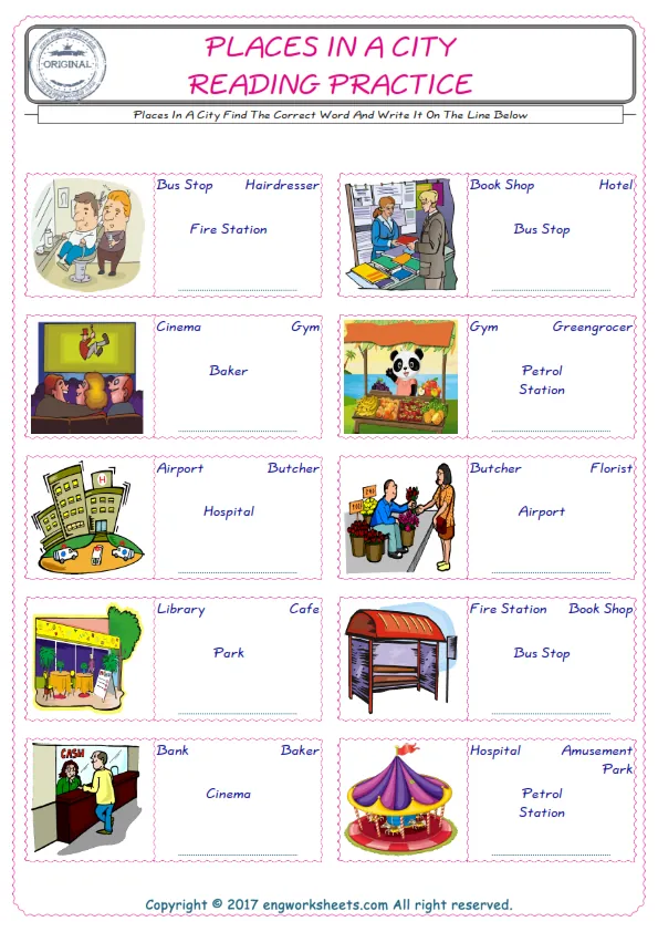 Check the picture of the Places In A City for kids ESL worksheet for supplying the correct one among four words into the blank place.