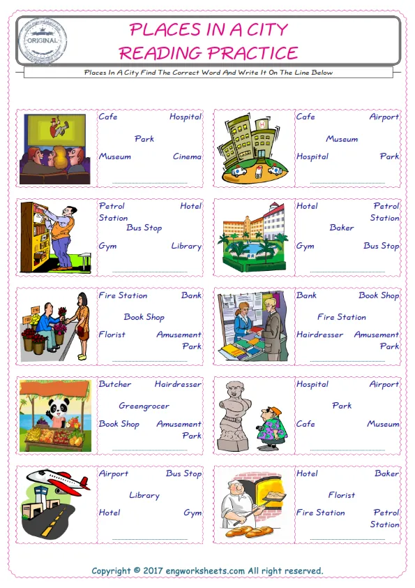 Check the picture of the Places In A City for kids ESL worksheet for supplying the correct one among five words into the blank place.