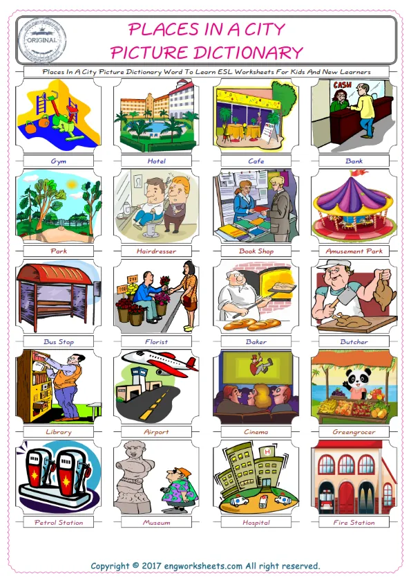 Places In A City English Worksheet for Kids ESL Printable Picture Dictionary