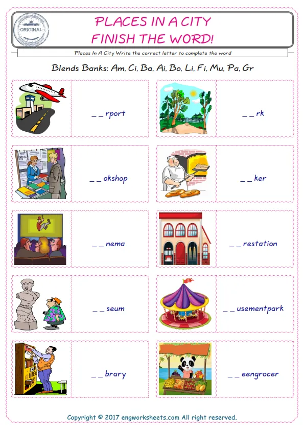 For kids, the Places In A City English worksheet for supplying into the correct blank place given letters special to the Places In A City Words.