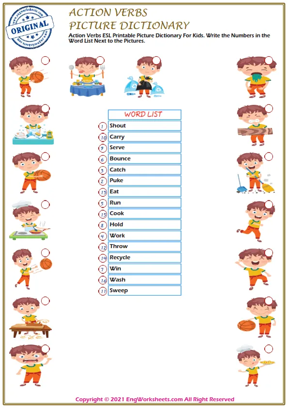 Action Verbs ESL Printable Picture Dictionary For Kids. Draw And Match The Words And Pictures.