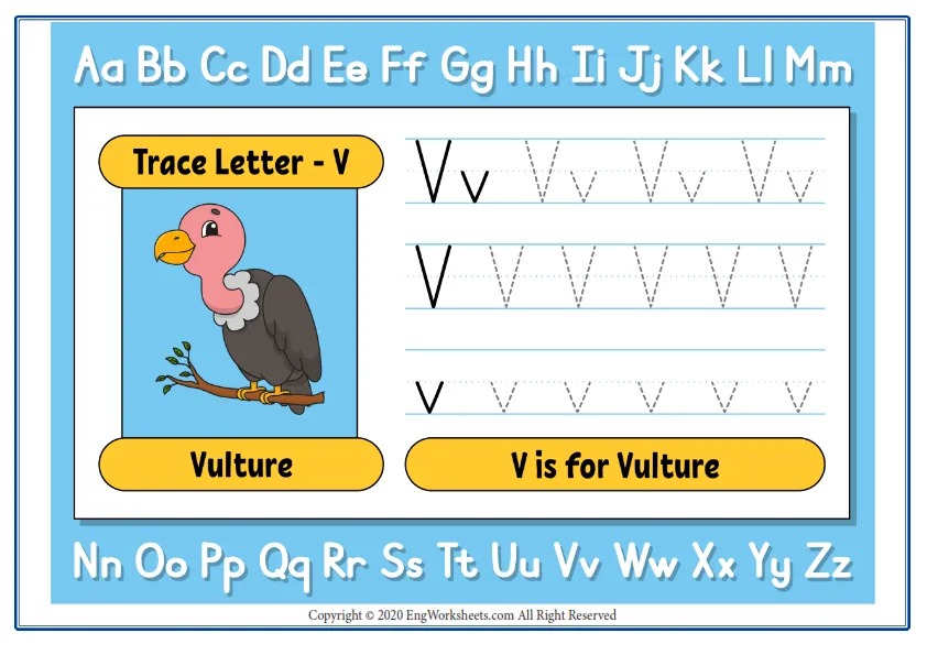 Alphabet Letter V Exercise With Cartoon Vocabulary