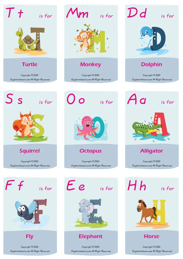 Alphabet vocabulary worksheet with words, nine images per page