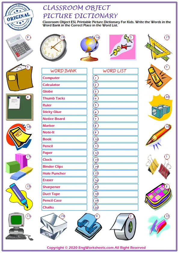 Classroom Objects ESL Printable Picture Dictionary For Kids. Write the Words in the Word Bank in the Correct Place in the Word List.