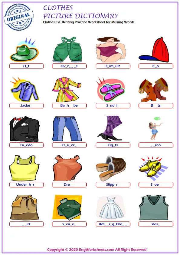 Clothes ESL Writing Practice Worksheet for Missing Words.