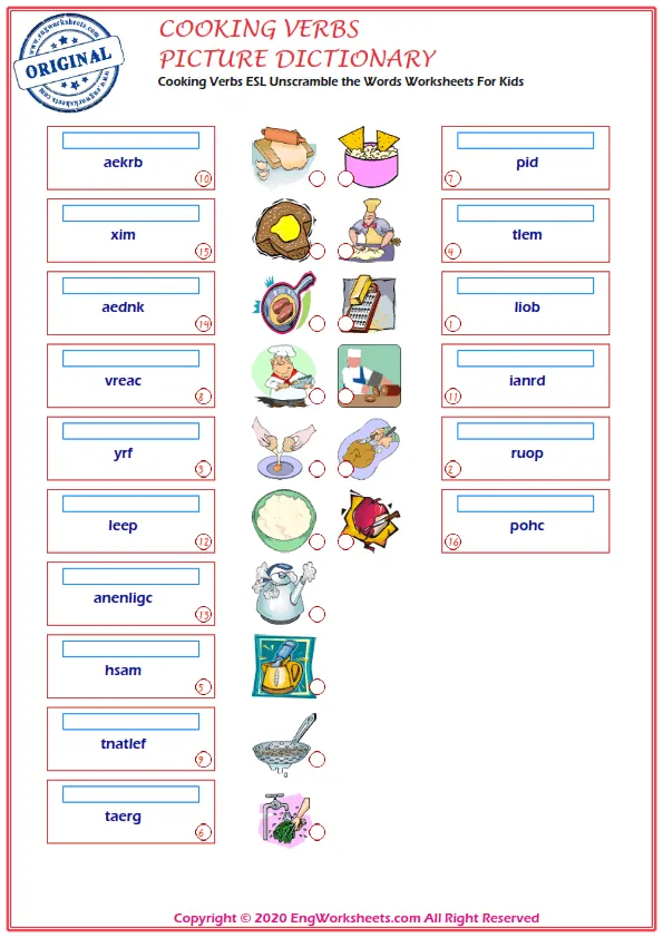 Cooking Verbs ESL Unscramble the Words Worksheets For Kids