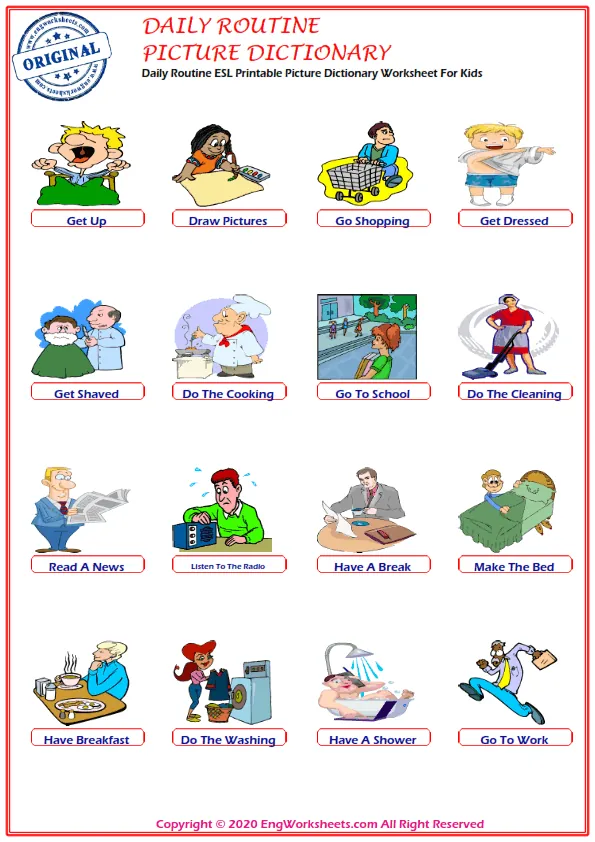Daily Routine ESL Printable Picture Dictionary Worksheet For Kids