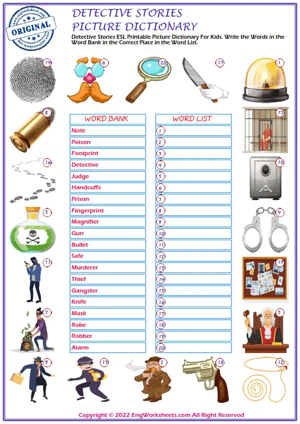 Detective Stories ESL Printable Picture Dictionary For Kids. Write the Words in the Word Bank in the Correct Place in the Word List.
