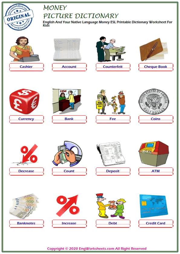 English And Your Native Language Money ESL Printable Dictionary Worksheet For Kids