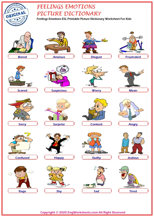 Feelings And Emotions ESL Printable Picture Dictionary Worksheet For Kids