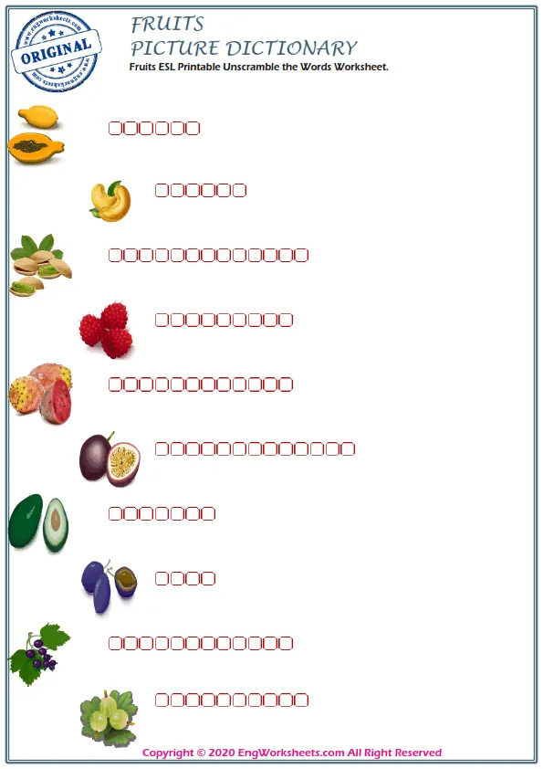 Fruits ESL Printable Unscramble the Words Worksheet.