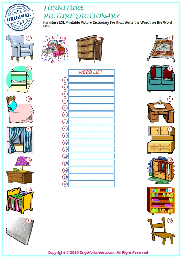 Furniture ESL Printable Picture Dictionary For Kids. Write the Words on the Word List.