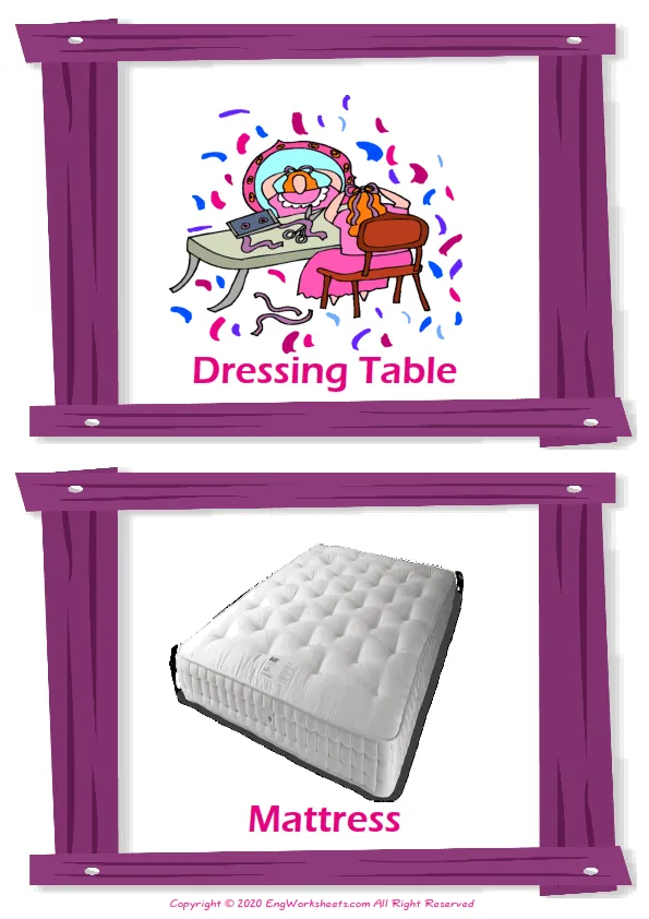 Furniture vocabulary worksheet with words, two images per page
