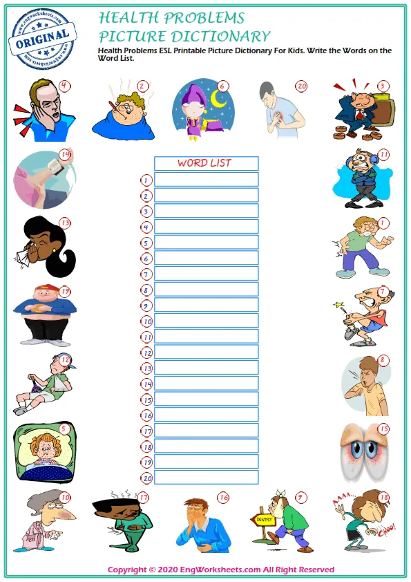 Health Problems ESL Printable Picture Dictionary For Kids. Write the Words on the Word List.