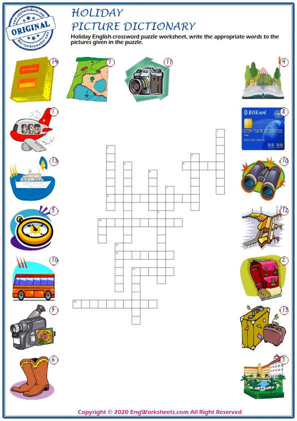Holiday English crossword puzzle worksheet, write the appropriate words to the pictures given in the puzzle.