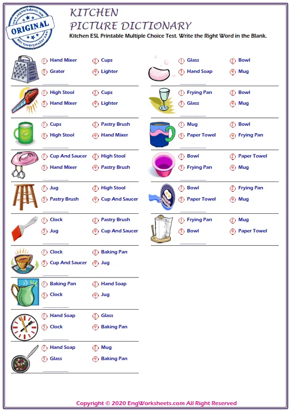 Kitchen ESL Printable Multiple Choice Test. Write the Right Word in the Blank.