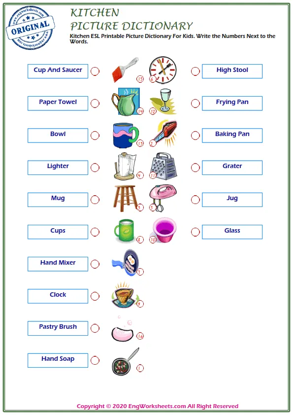 Kitchen ESL Printable Picture Dictionary For Kids. Write the Numbers Next to the Words.