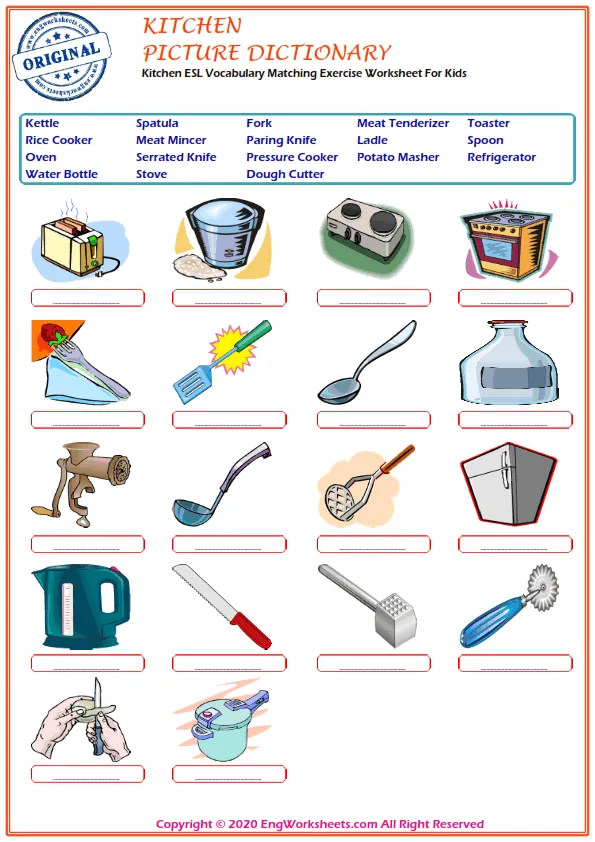 Kitchen ESL Vocabulary Matching Exercise Worksheet For Kids