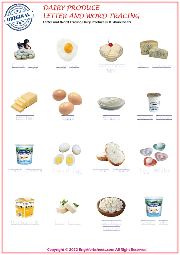 Letter and Word Tracing Dairy Produce PDF Worksheets