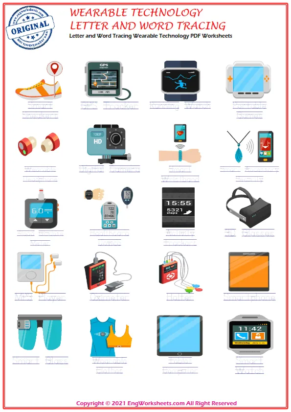 Letter and Word Tracing Wearable Technology PDF Worksheets