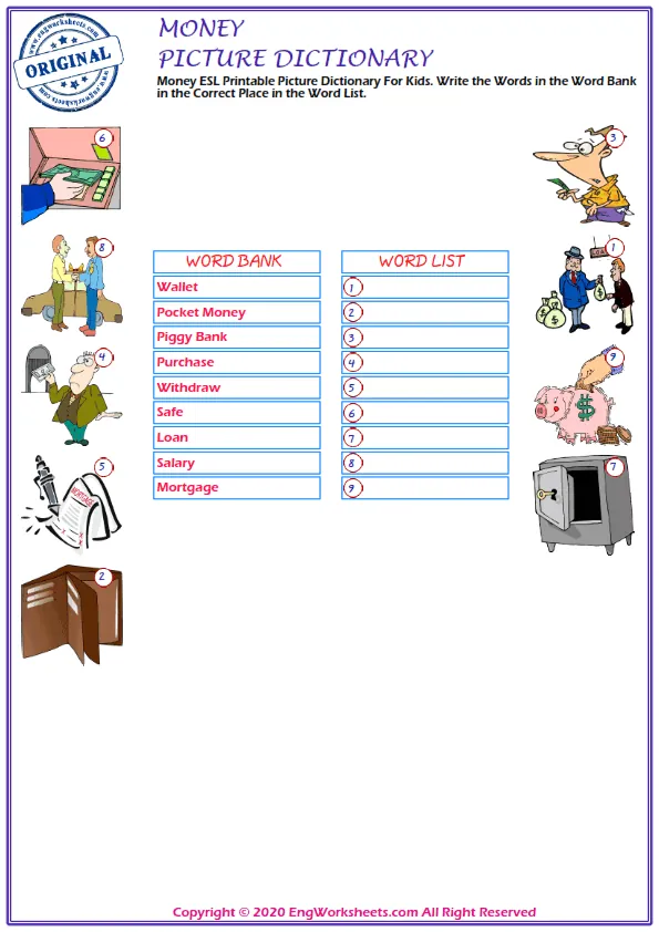 Money ESL Printable Picture Dictionary For Kids. Write the Words in the Word Bank in the Correct Place in the Word List.