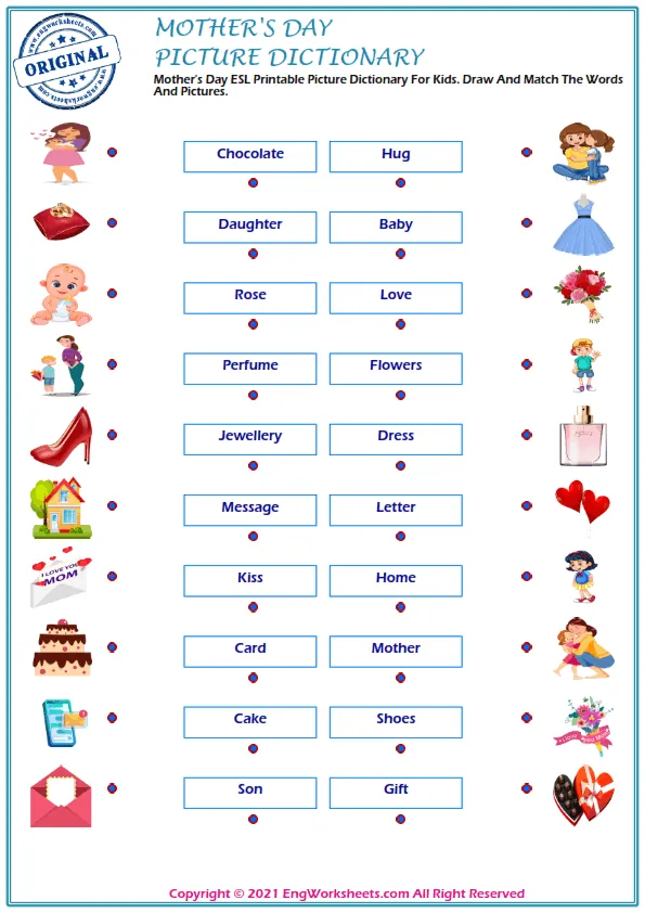 Mother's Day ESL Printable Picture Dictionary For Kids. Draw And Match The Words And Pictures.