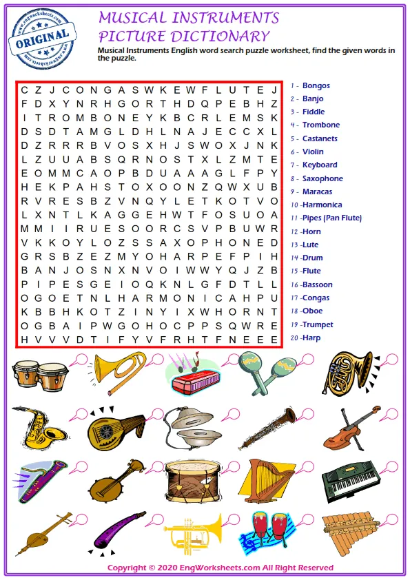 Musical Instruments English word search puzzle worksheet, find the given words in the puzzle.