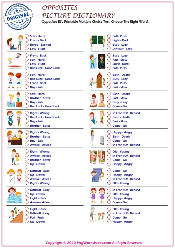 Opposites ESL Printable Multiple Choice Test. Choose The Right Word.