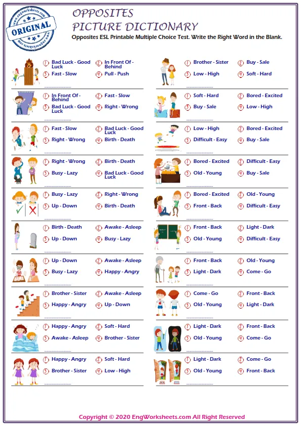 Opposites ESL Printable Multiple Choice Test. Write the Right Word in the Blank.
