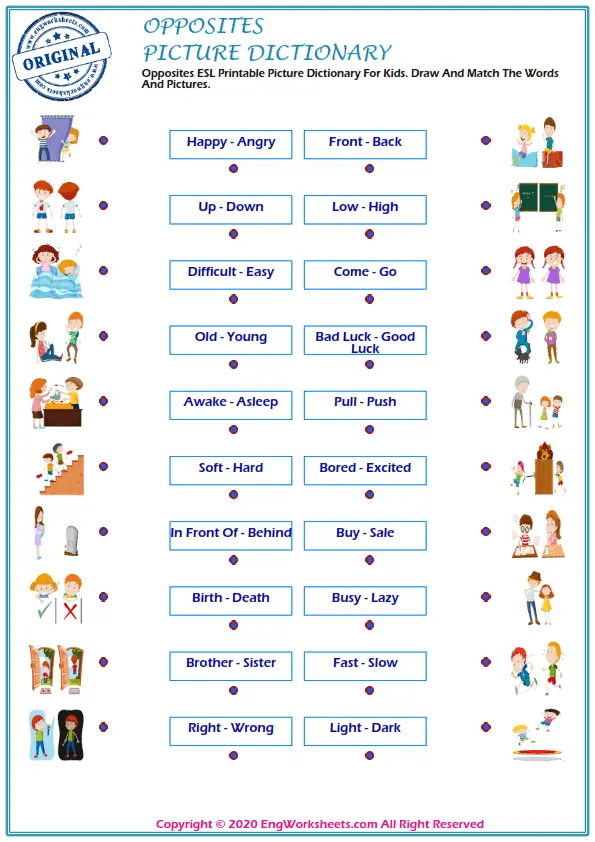 Opposites ESL Printable Picture Dictionary For Kids. Draw And Match The Words And Pictures.