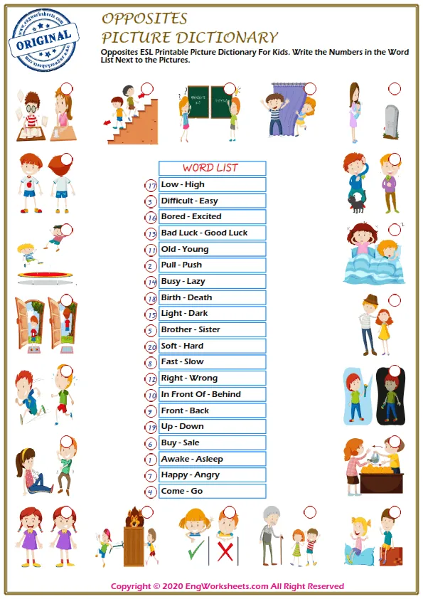 Opposites ESL Printable Picture Dictionary For Kids. Write the Numbers in the Word List Next to the Pictures.