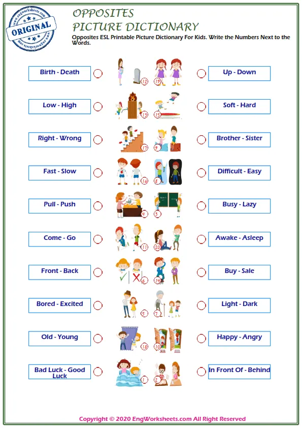 Opposites ESL Printable Picture Dictionary For Kids. Write the Numbers Next to the Words.