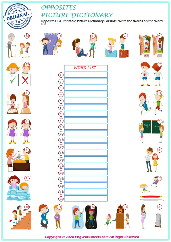 Opposites ESL Printable Picture Dictionary For Kids. Write the Words on the Word List.