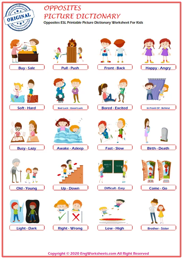 Opposites ESL Printable Picture Dictionary Worksheet For Kids