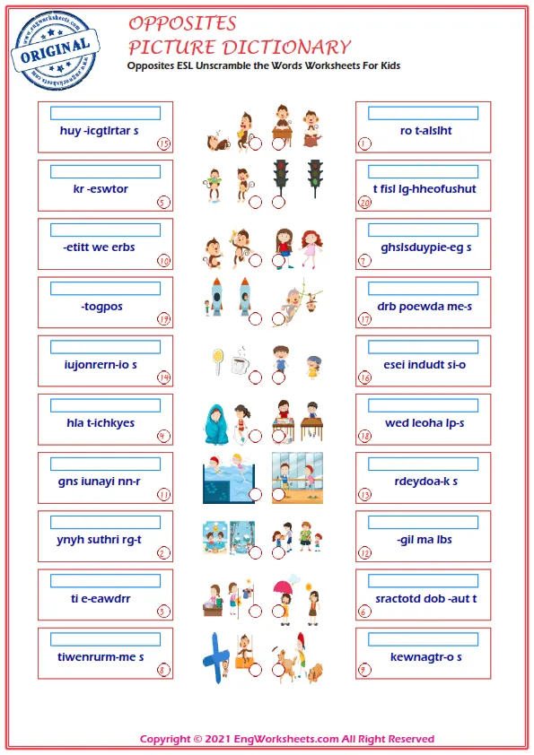 Opposites ESL Unscramble the Words Worksheets For Kids