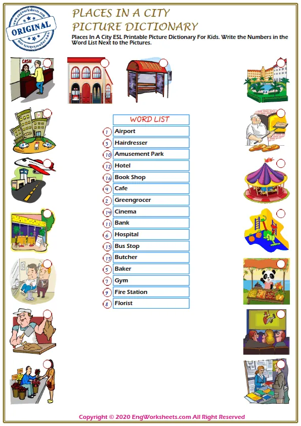 Places In A City ESL Printable Picture Dictionary For Kids. Write the Numbers in the Word List Next to the Pictures.
