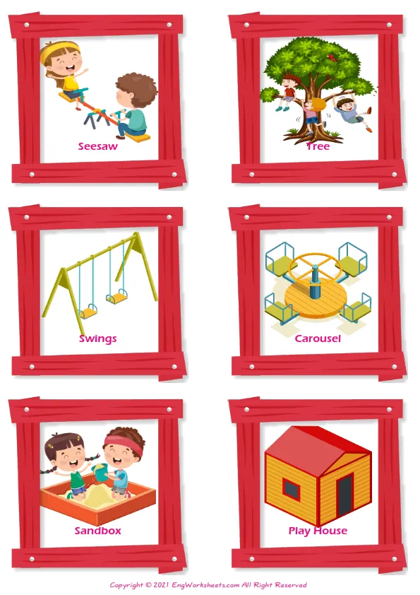 Playground vocabulary worksheet with words, six images per page