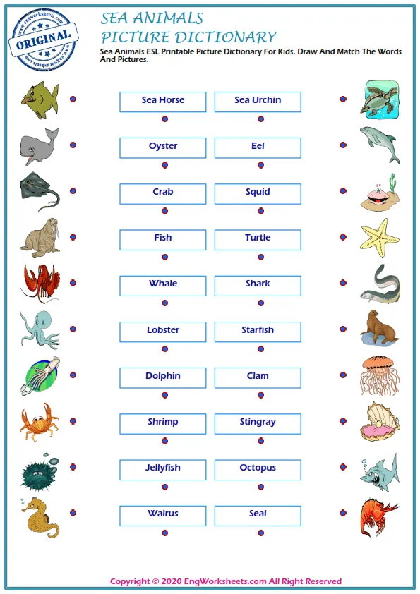 Sea Animals ESL Printable Picture Dictionary For Kids. Draw And Match The Words And Pictures.