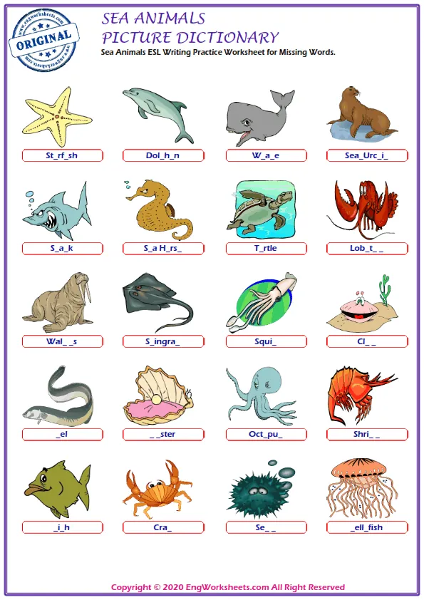 Sea Animals ESL Writing Practice Worksheet for Missing Words.