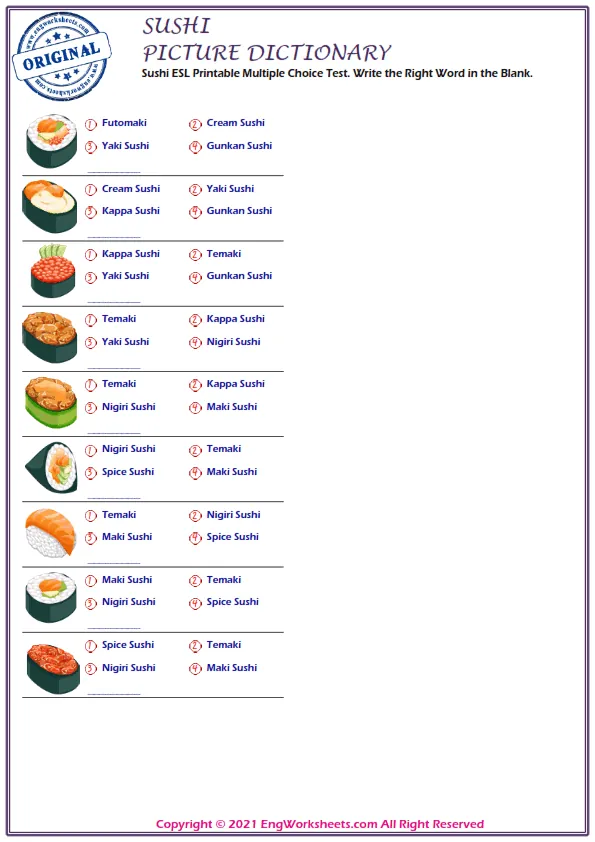 Sushi ESL Printable Multiple Choice Test. Write the Right Word in the Blank.