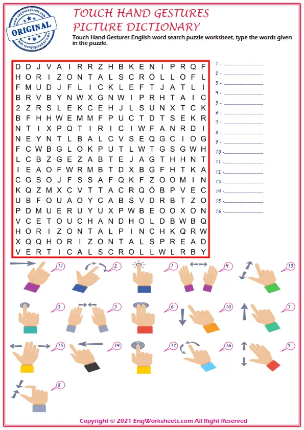 Touch Hand Gestures English word search puzzle worksheet, type the words given in the puzzle.