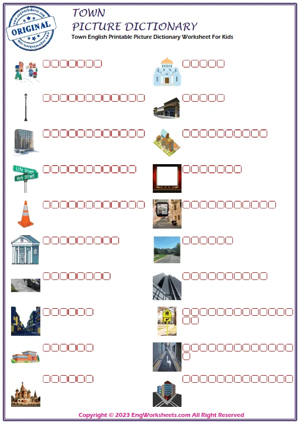 Town English Printable Picture Dictionary Worksheet For Kids