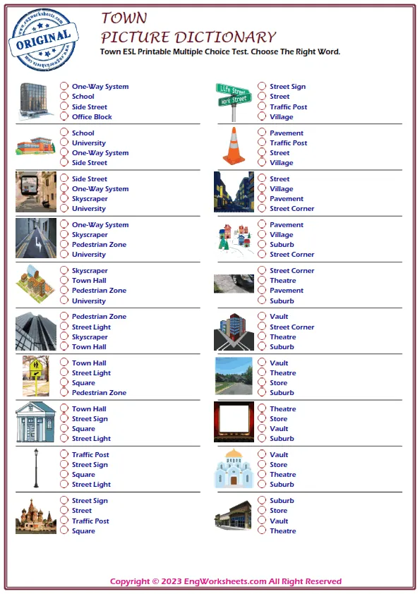Town ESL Printable Multiple Choice Test. Choose The Right Word.